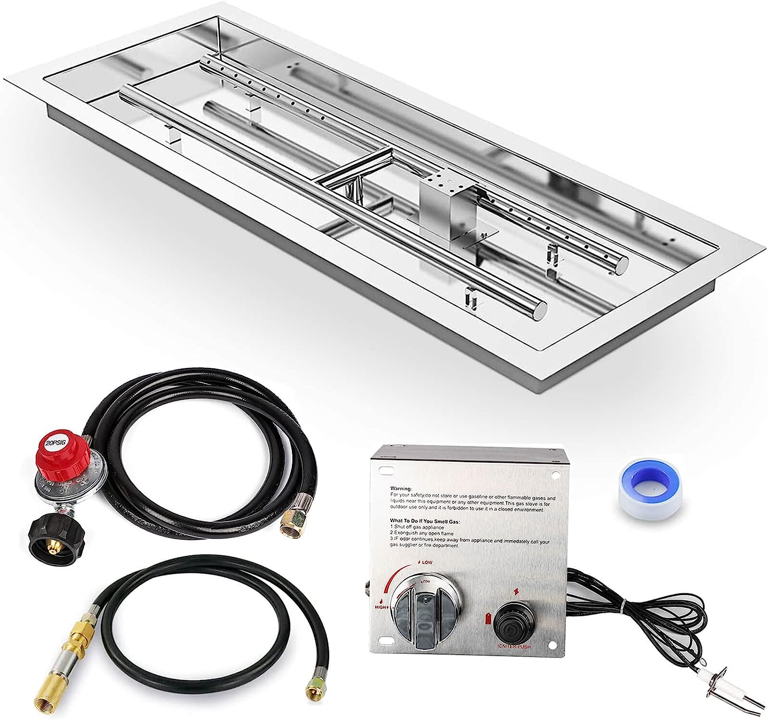 GRISUN Dropin Fire Pit Kit 24 x 8 Inch, HShape Burner with Pan, Come