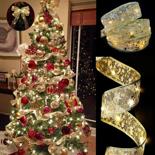 Christmas Ribbon Fairy Lights, Christmas Tree Light Up Ribbon, Ribbon Lights for Christmas Tree, Indoor Ribbon String Lights for Xmas Tree Decor (Gold-Warm,10M),Red,10M-USB