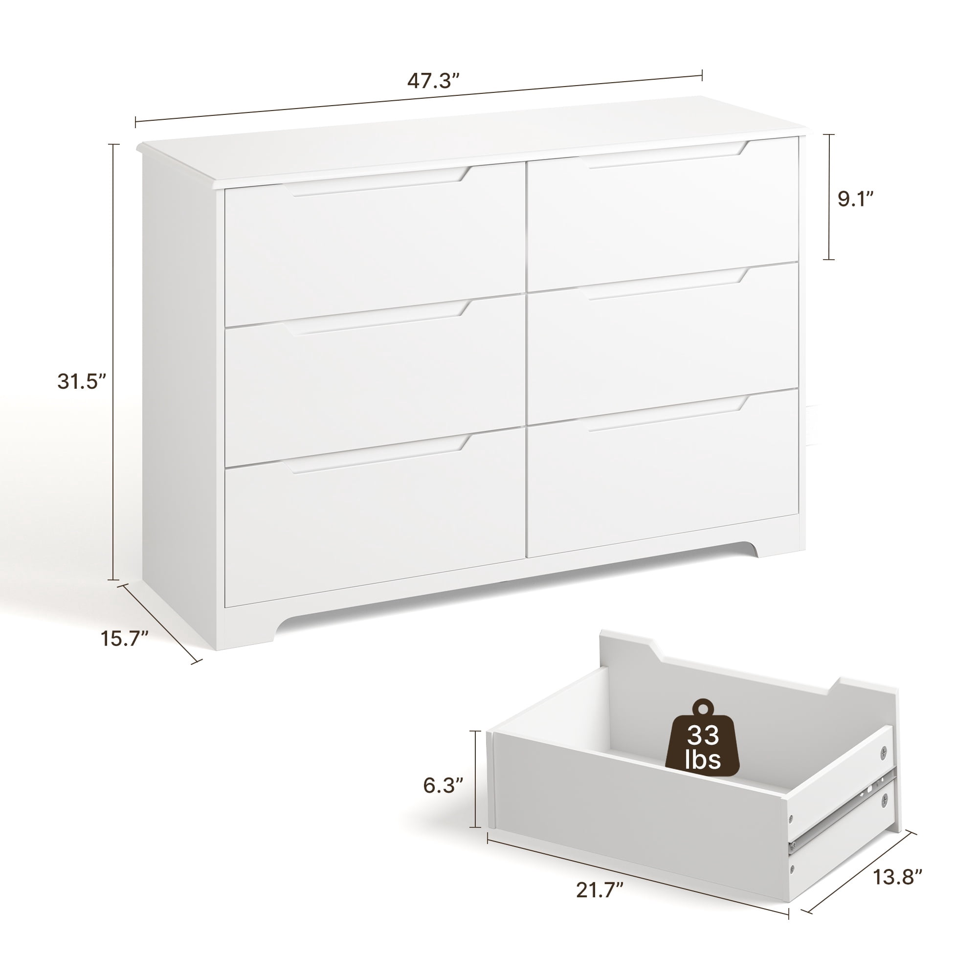 Complete 3-Piece White Bedroom Set: Queen Bed Frame and 2 Six-Drawer Dreesers, 850lb Capacity, Silent, Waterproof, and Tip-Over Resistant.