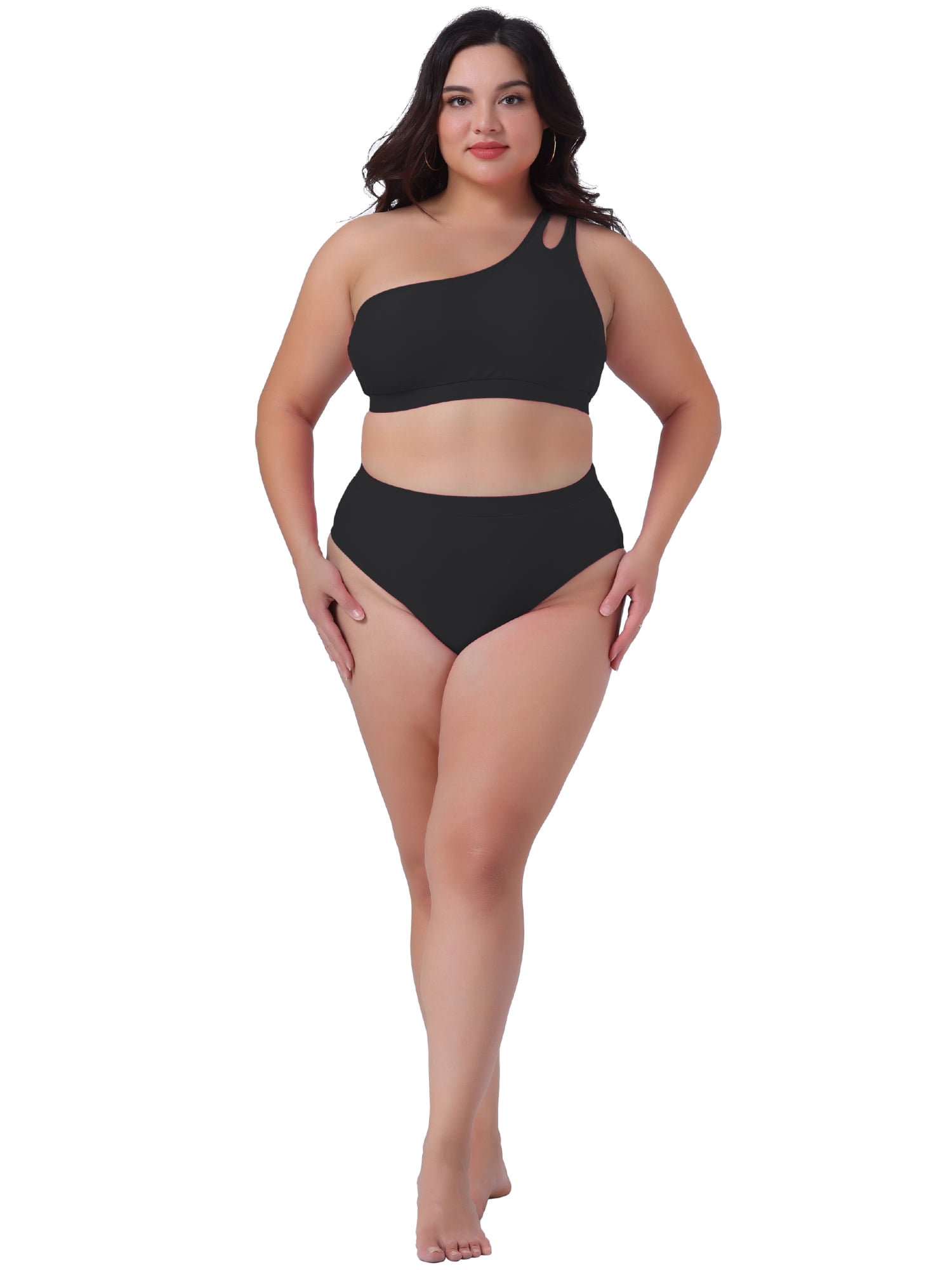 DARING DIVA Plus Size Women's Bikini Two Piece One Shoulder Swimsuit 3X Black