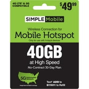 SIMPLE Mobile $49.99 Hotspot 40GB Data 30 Day Plan Direct Top Up
