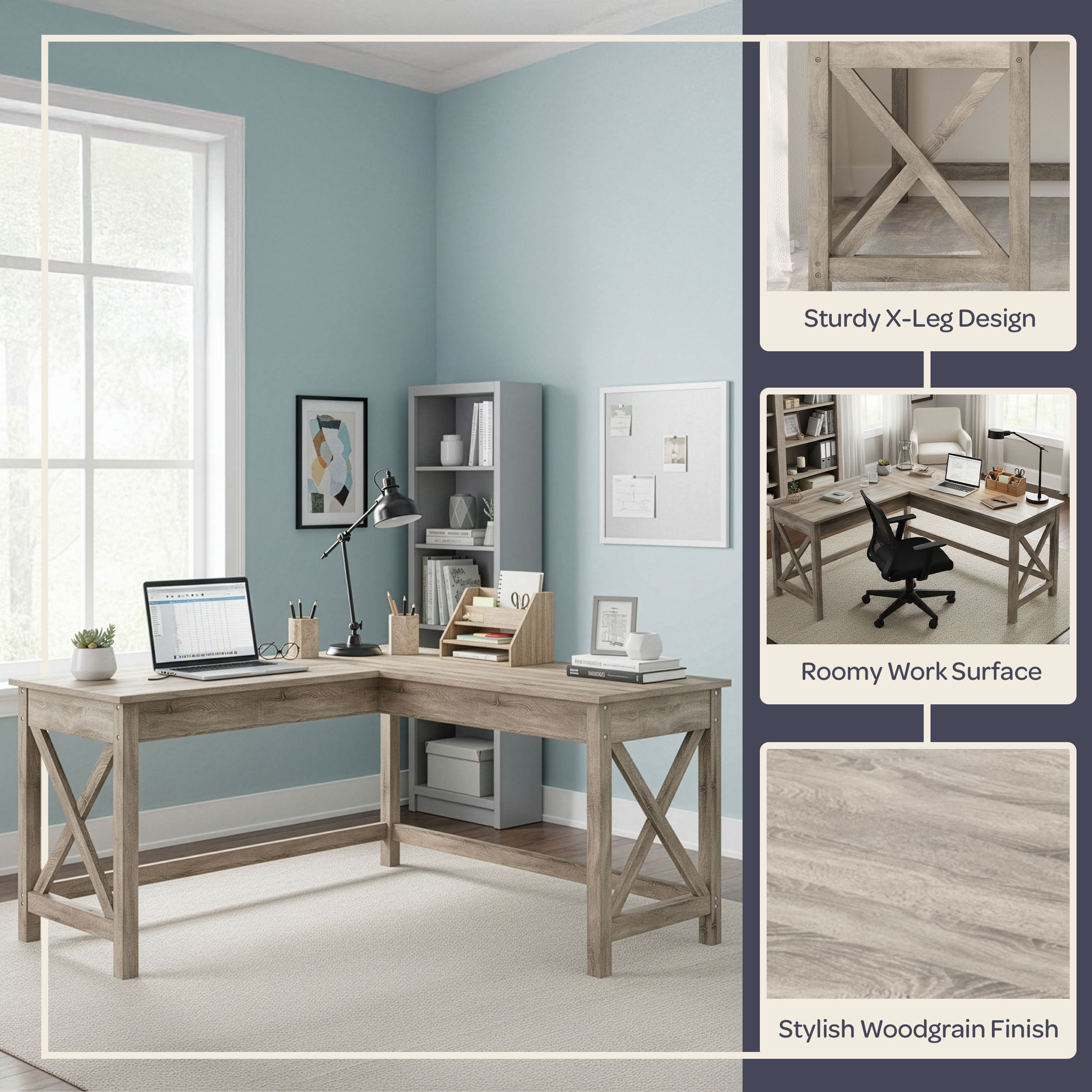 Lavish Home 59" L-Shaped Farmhouse Style Desk for Home Office in Light Gray Oak Finish