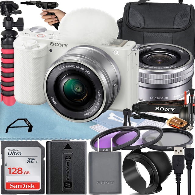 Sony Alpha ZV-E10 Mirrorless Vlog Camera With 16-50mm Lens + 128GB Memory Card + Filter Kit + Tripod + Case + A-Cell Mobility Accessory Bundle (White)