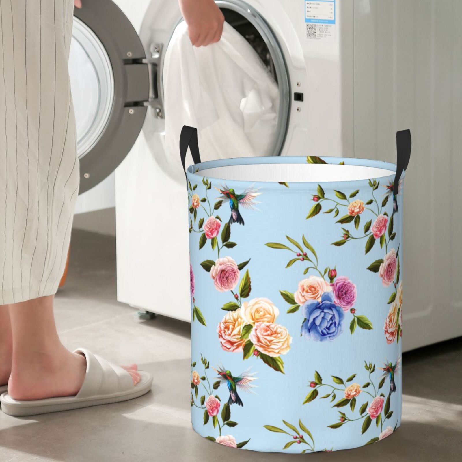 Large Laundry Basket with Handles - Rose Hummingbird Kids Baby Dirty Clothes Laundry Hamper for Bedroom Aesthetic