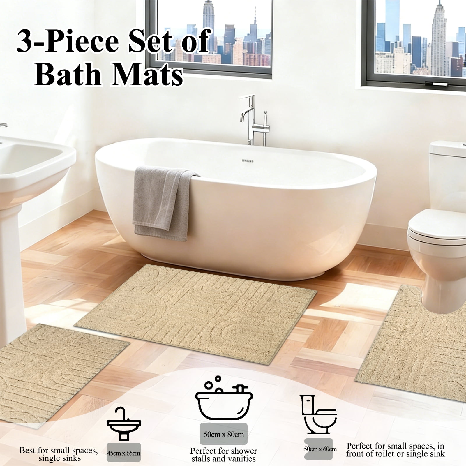 Aonewoe Bathroom Rug Set 3 Piece Microfiber Water Absorbent Bath Mats Washable Non Slip Bath and Toilet Rug Set for Shower Floor（Beige）