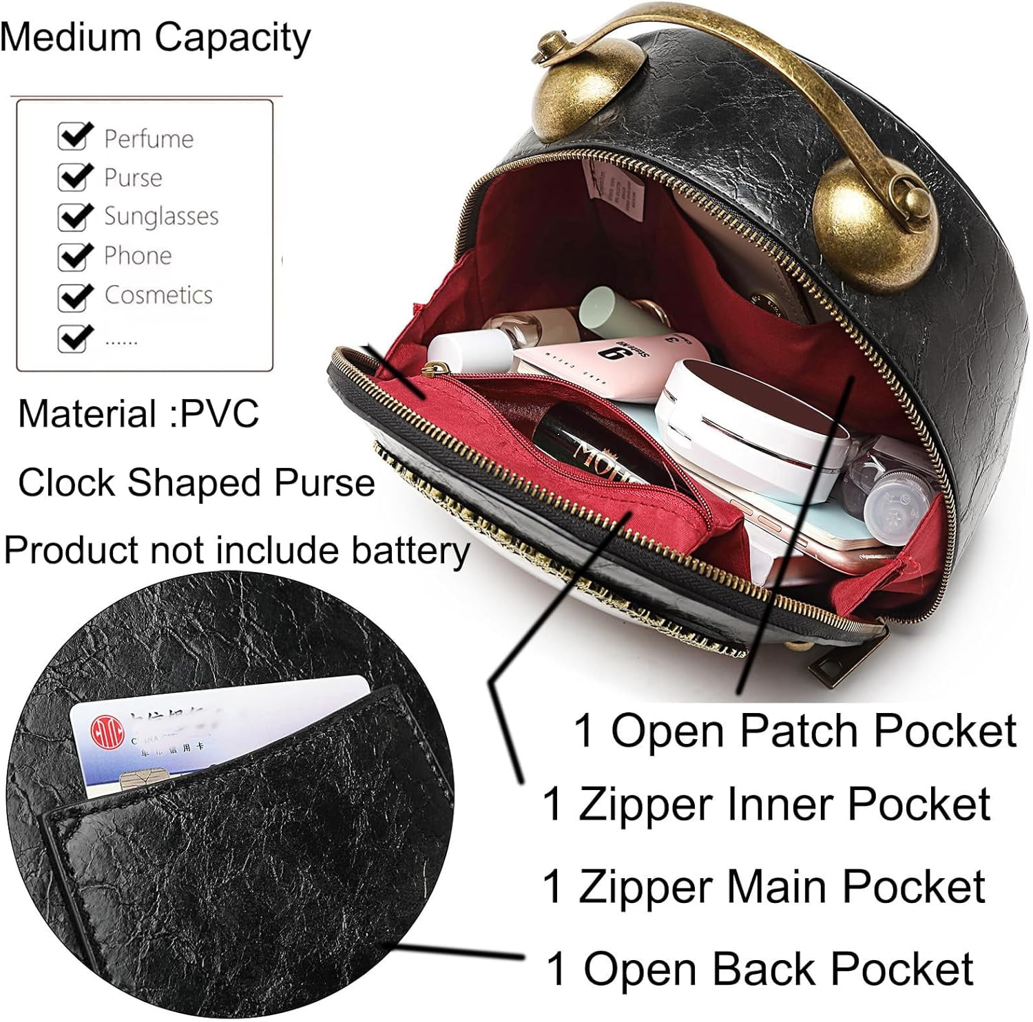 Baguery PVC Clock Shaped Crossbody Bag - Waterproof Adjustable Shoulder Purse for Women