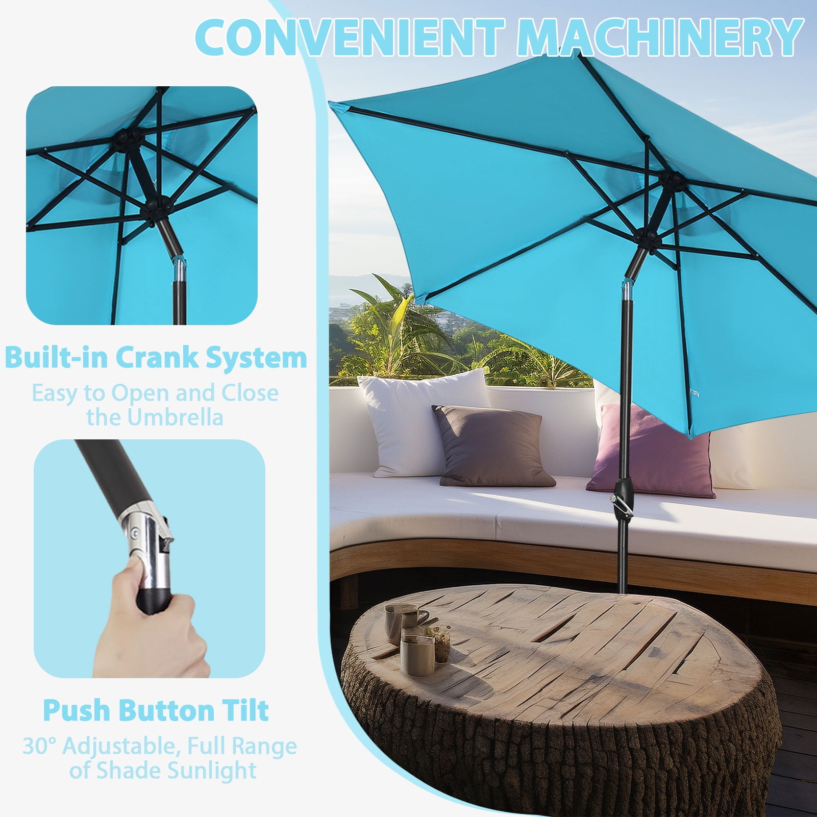 Autlaycil 9ft Outdoor Patio Table Umbrellas 6 Ribs W/ Tilt Crank for Patio Garden and Poolside- Blue