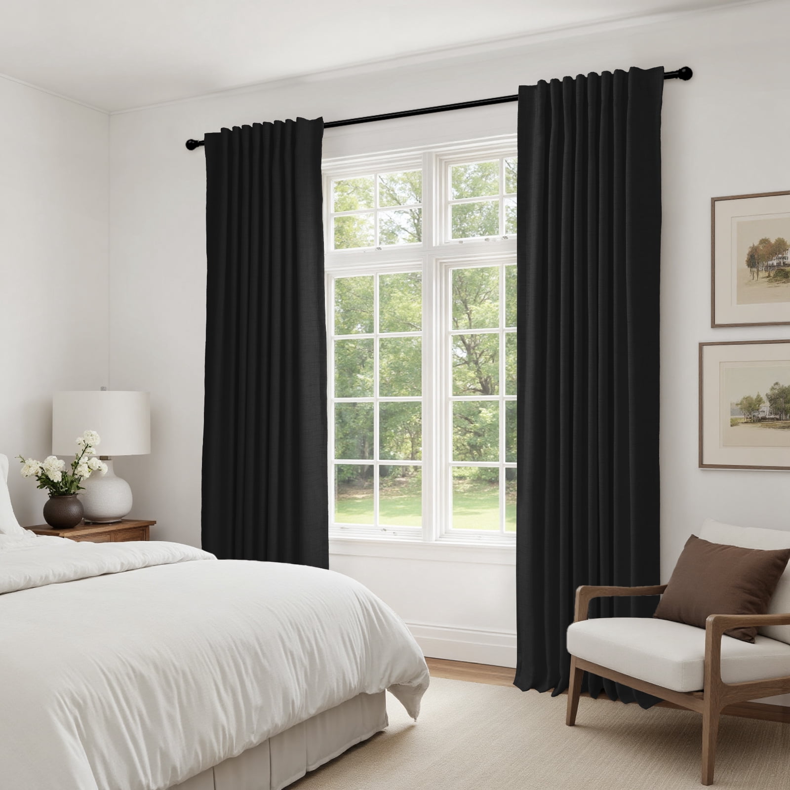 100% Blackout Curtains for Bedroom,Set of 2 Panels,108inch Length Faux Linen Thermal Insulated Back Tab Drapes with Room Darkening,50"Wx108"L,Black