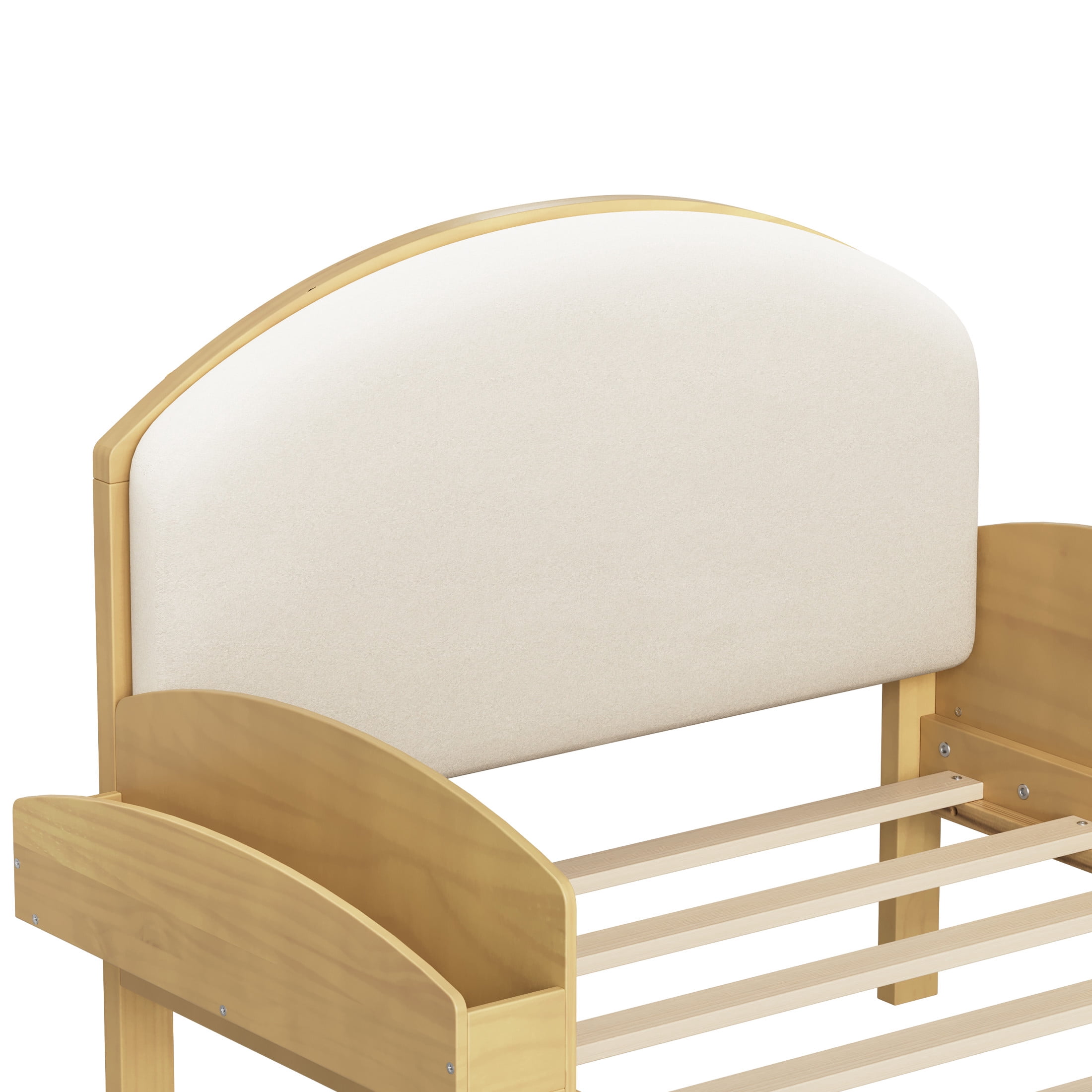 Noble House Twin Size Platform Bed with Curved Padded Headboard, Side Storage Shelves, Natural