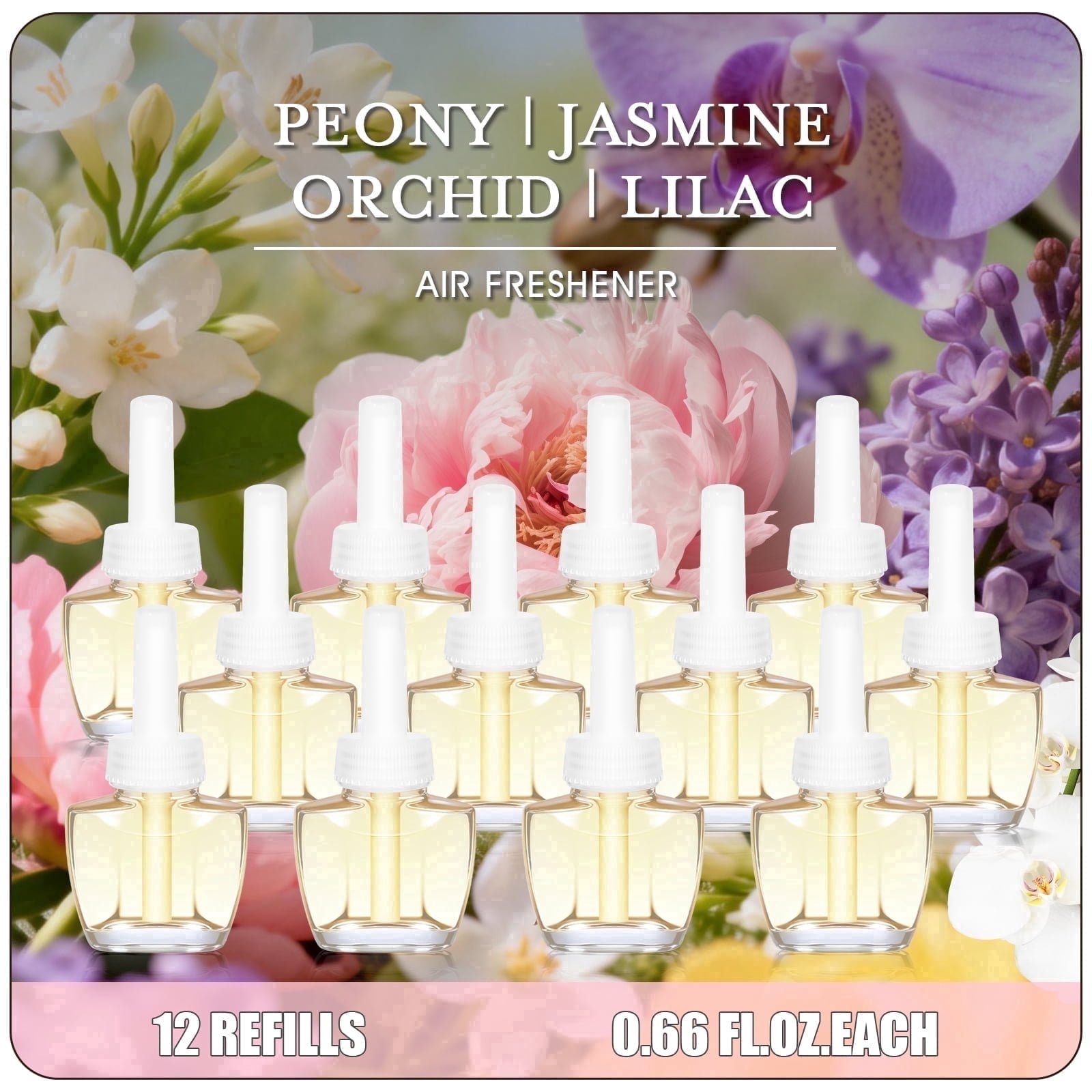 Plug in Air Freshener Refills, 12 Refills Peony, Jasmine, Orchid, Lilac Scented Essential Oil for Home, Compatible with Glade, Air Wick