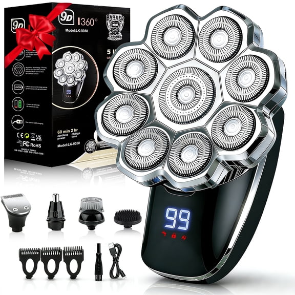 LARGNER 9D Electric Head Shaver for Bald Men, 5-in-1 Cordless Rotary Razor & Grooming Kit with LED Display, Gift for Him