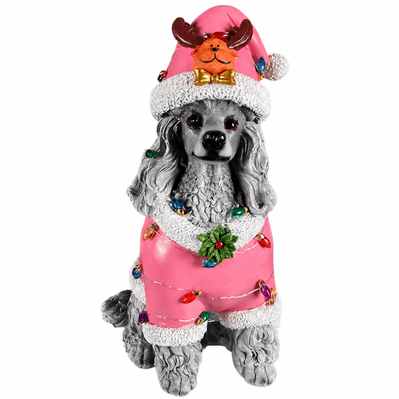 Poodle Pink Santa Outfit Christmas Dog Statue with Santa Hat Holiday Tabletop Decor