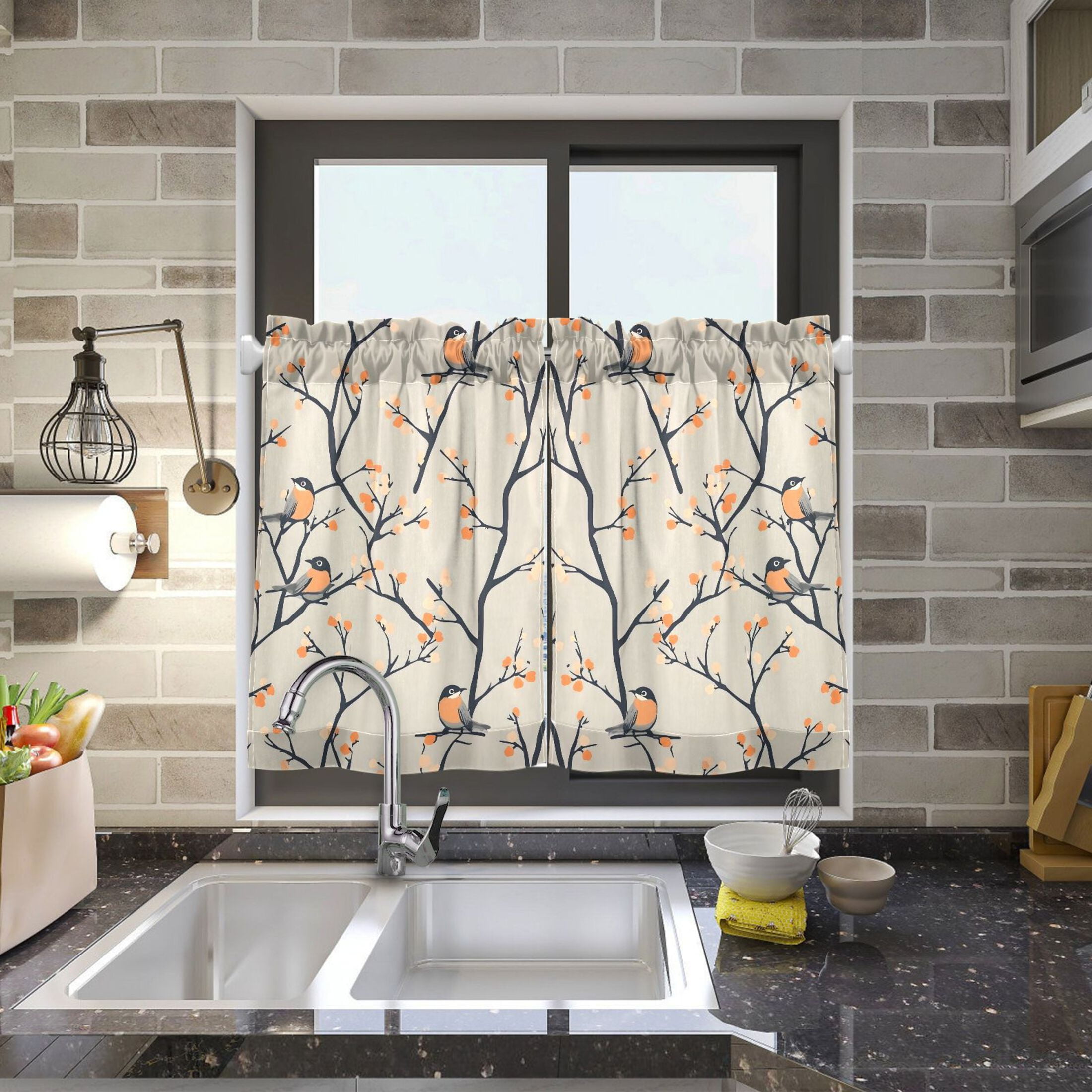 Linen Kitchen Curtains Birds on Branches Pattern Tier Curtains Tier Kitchen Living Room Bedroom Balcony 2 Panels 27x36 Inch