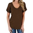 thumbnail image 2 of Camiseta de mujer con cuello en V, manga corta, bolsillo, blusa, top casual de verano, marrón, M sidaley  AP001345-17, 2 of 4