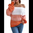 thumbnail image 3 of Suéteres Casuales de Punto A Crochet con Hombros Descubiertos y Bloques de Color para Mujer, Modernos, con Mangas Abullonadas, Cálidos y Abrigados. Naranja S, 3 of 10