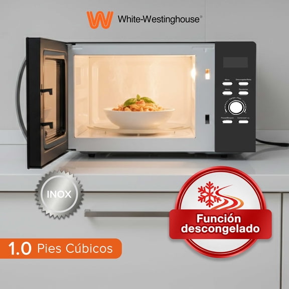 White Westinghouse  Horno de Microondas 1.0 pies  Modelo WWCMV10028WE  Display LED  Interior Gris  Manija de Aluminio  Plato Giratorio  Descongelado Botones para programas