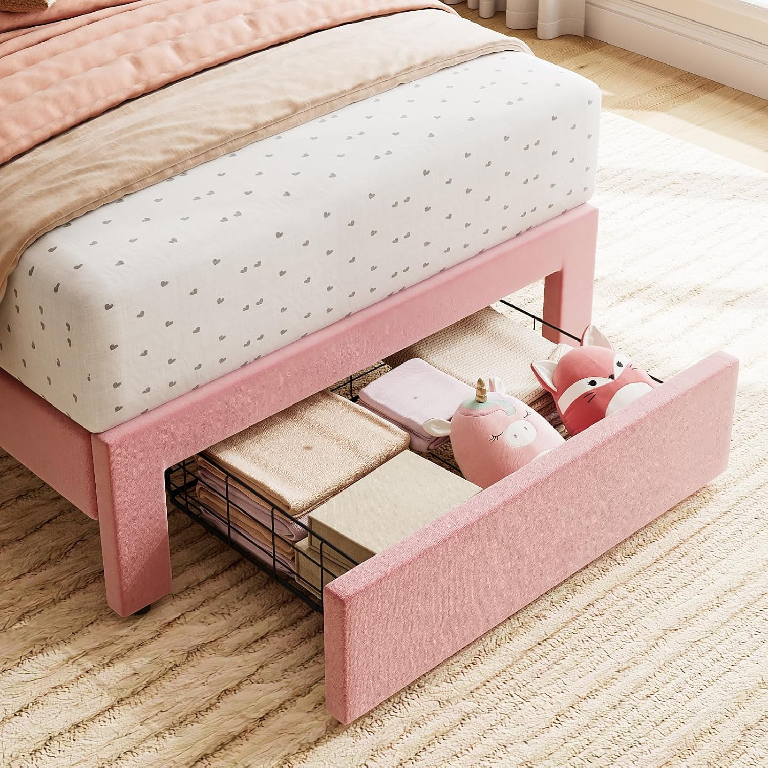 Homhougo Twin Bed Frame with Storage Drawer and Headboard, Velvet Upholstered Twin Platform Bed Frame for Girls, Strong Wooden Slats Support, Noise-Free, Easy Assembly (Pink)