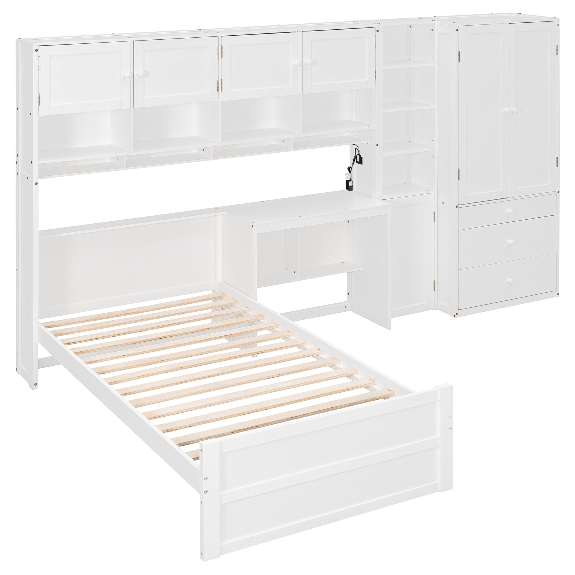 Mintazer Twin Platform Bed with Desk & Wardrobe, Wooden Bed with Cabinets & Shelves Storage and 3 Drawers for Bedroom Playroom Guest Room, White