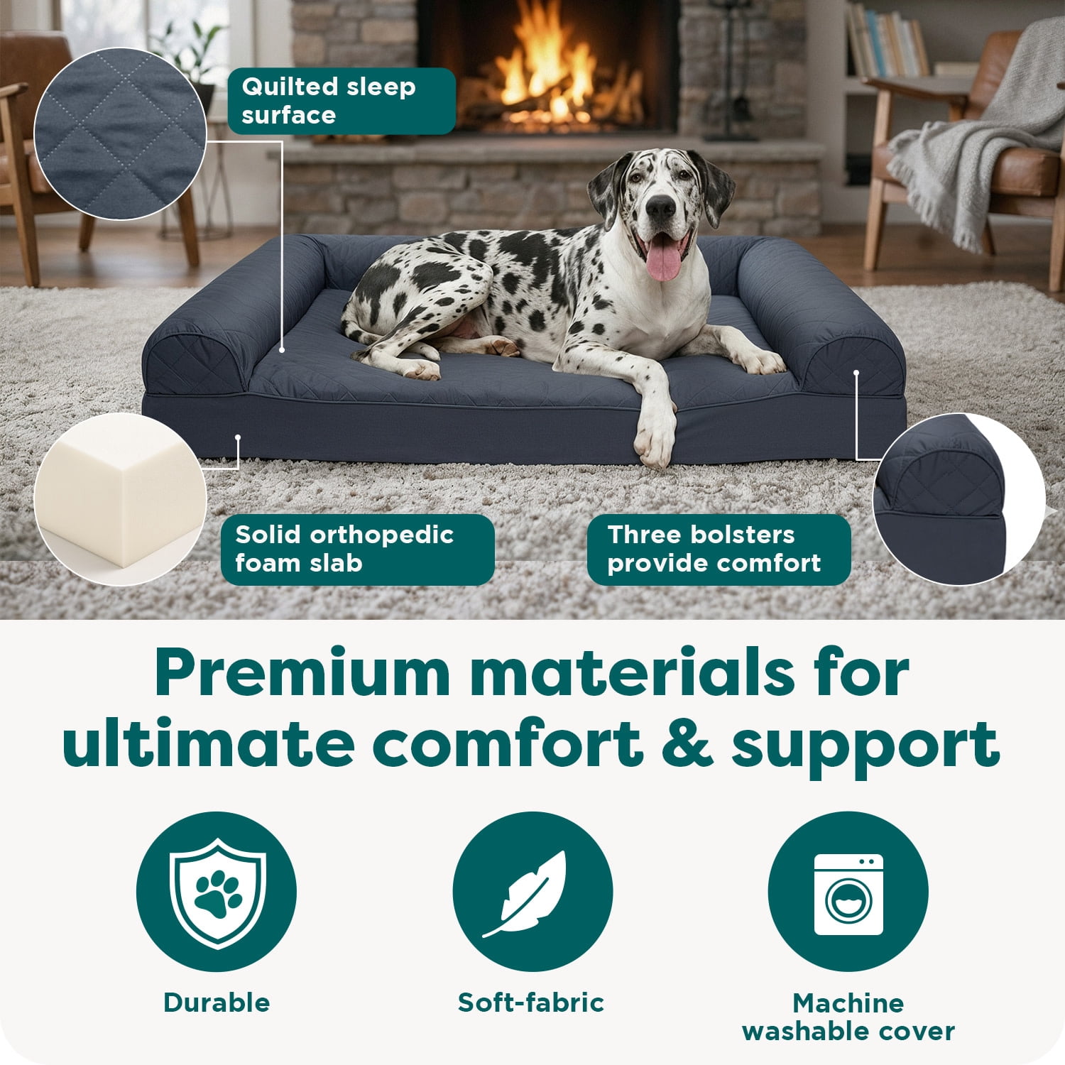 FurHaven Classic Sofa Orthopedic Dog Bed For Large Dogs, Solid Orthopedic Foam Slab for Joint Support, Removable Washable Cover, Jumbo Plus XXL, Quilted Sofa, Iron Gray