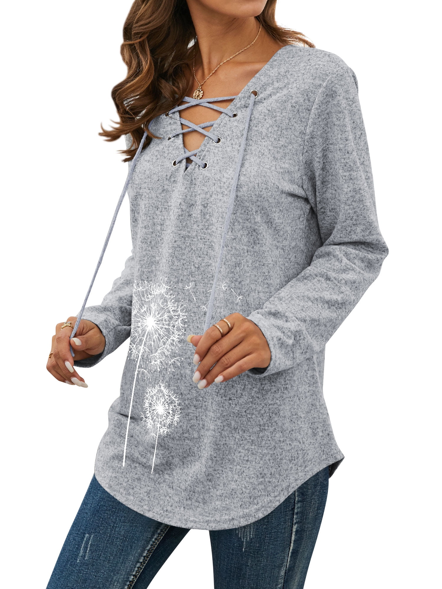 ZXZY Women Lace Up V Neck Dandelion Print Long Sleeve Scoop Hem