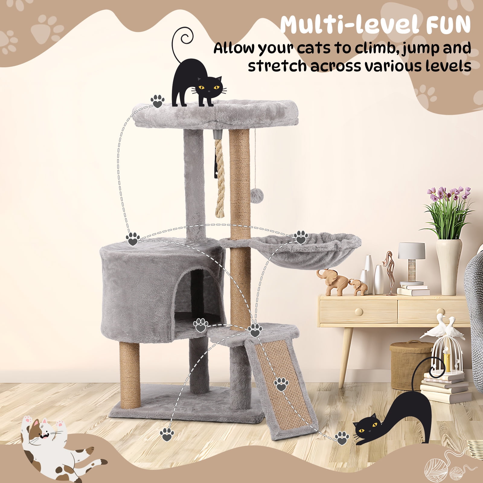 Zephypaws Cat Tree, 42.5-Inches Cat Tower for Indoor Cats, Plush Multi-Level Kitten Cat Condo with Scratching Post,Ramp, Basket, Spacious Cat Cave, Hanging Ball, Light Gray