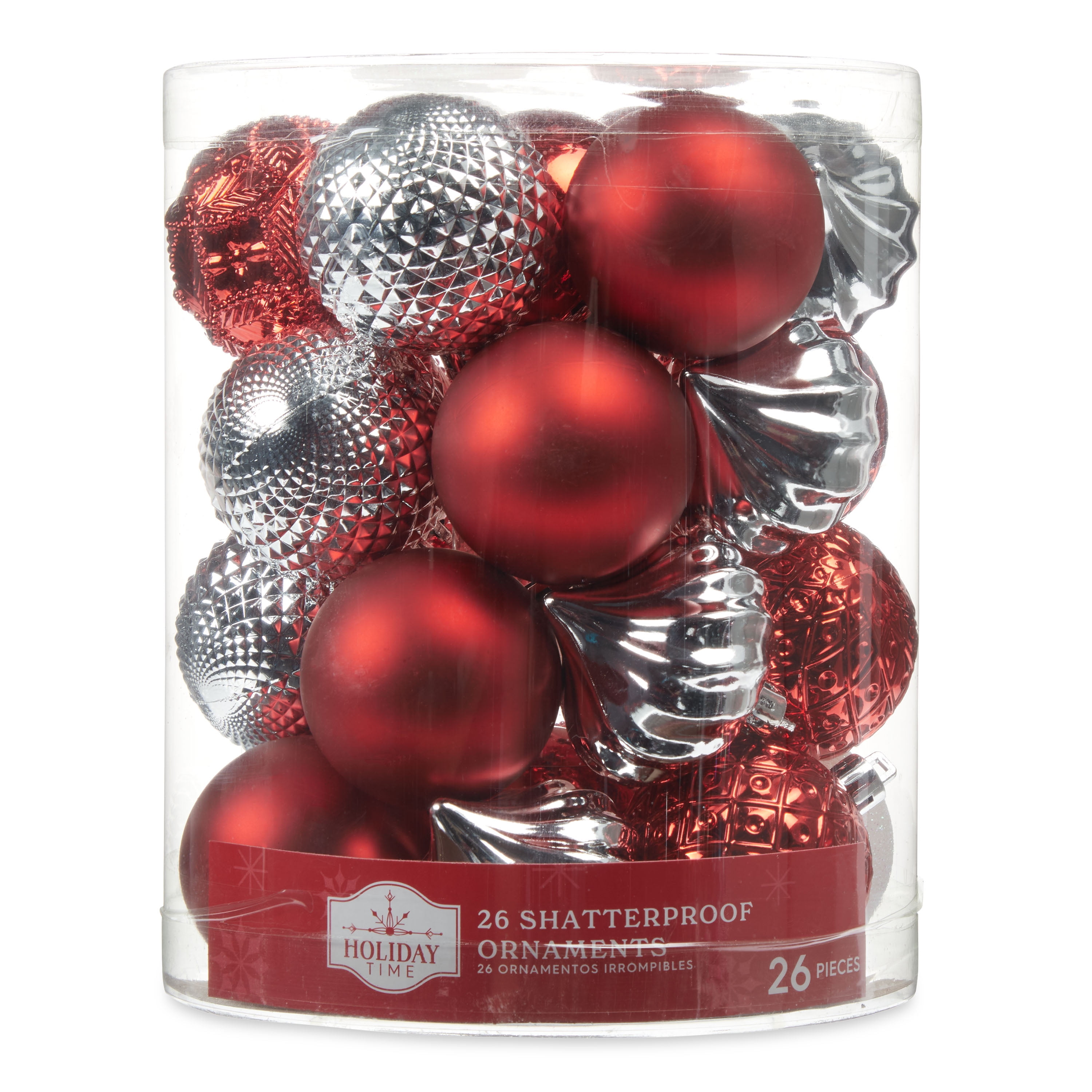 Holiday Time Red/Silver/White Christmas Shatterproof Ornaments, 26 Count