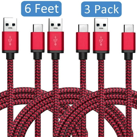 3-Pcs 6ft USB 3.1 Type C Charging Sync Data Cable Charger Cord for Samsung Galaxy S10 S10E S10 Plus S9 S8 S8 Plus Note 9/8, LG G7 G6 G5 V40 V30, Nexus 5X 6P, Google Pixel 3/3 XL, Oneplus 6T/6/5