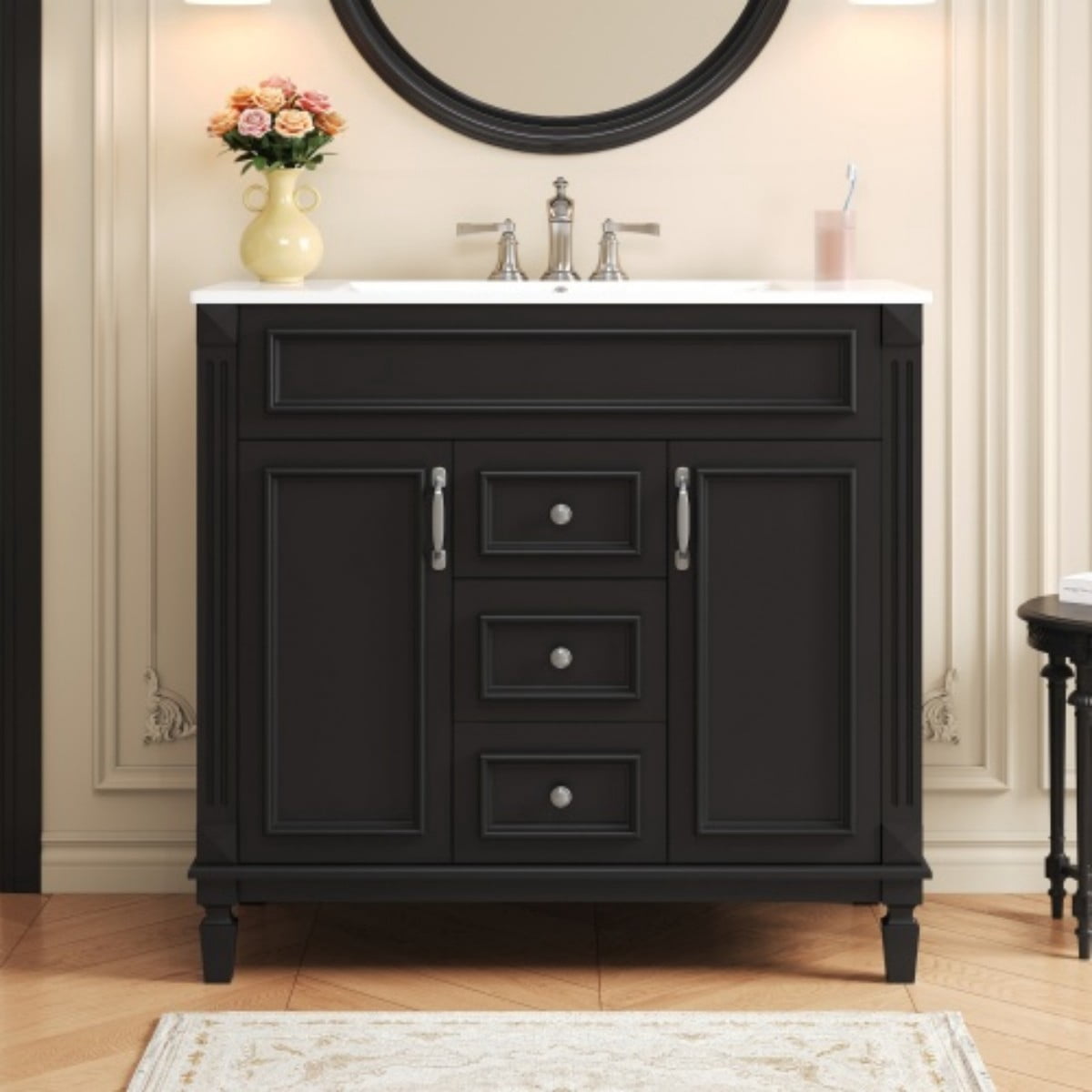 36" Bathroom Vanity with Sink, Modern Freestanding Bathroom Vanity Cabinet with Ceramic Basin, Solid Wood Frame, 2 Soft Close Doors, 2 Drawers, Adjustable Shelf, Black