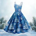 thumbnail image 2 of Women's Christmas Print Casual Fashion Round Neck Mid-Length Dress with Vintage Style for Holiday Parties and Casual Outings,Blue,2XL, 2 of 4