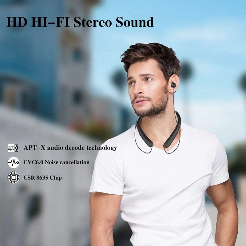 Neckband Headset Workout Headphones Bluetooth Noise Canceling Retractable Earbud