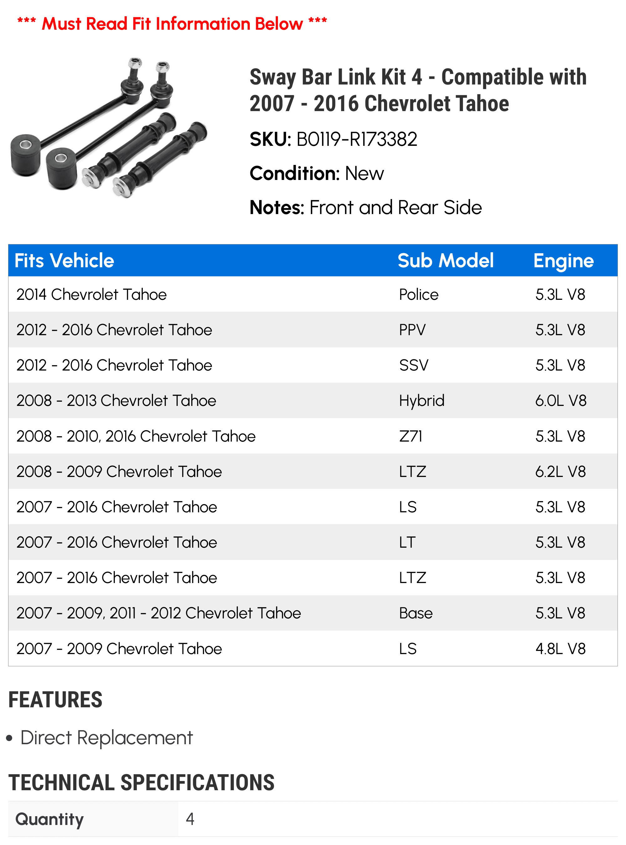 Sway Bar Link Kit 4 - Compatible with 2007 - 2016 Chevrolet Tahoe - Autopart Premium