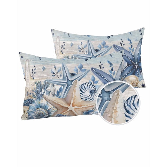 Outdoor Pillows Waterproof, Blue Starfish Coastal Throw Pillows with Inserts Included, Eucalyptus Summer Nautical Shell Vintage Indoor Outdoor Decorative Lumbar Pillow for Bed/Couch 12"x20", 2Pcs