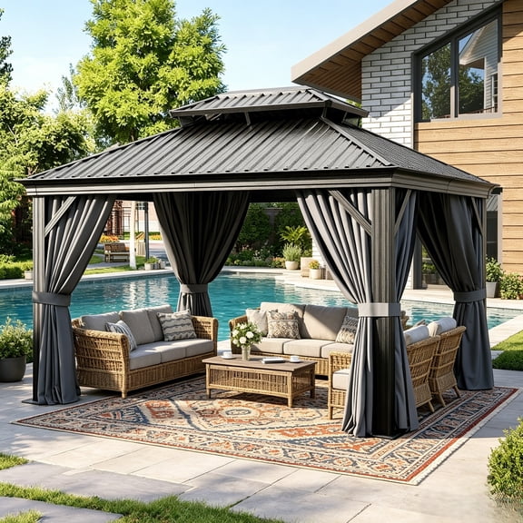 Clouddwell 10' x 12' Hardtop Gazebo with Double Roof, Aluminum Frame Outdoor Patio Gazebo with Netting & Curtains, Metal Roof Canopy with Built-in Drainage System