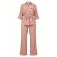 thumbnail image 6 of Purcolt Womens 2 Piece Matching Pant Set Dressy Casual Collared Roll Up Long Sleeve Button Front Shirt Full Length Wide Leg Trousers Business Work Office Outfits, 6 of 7
