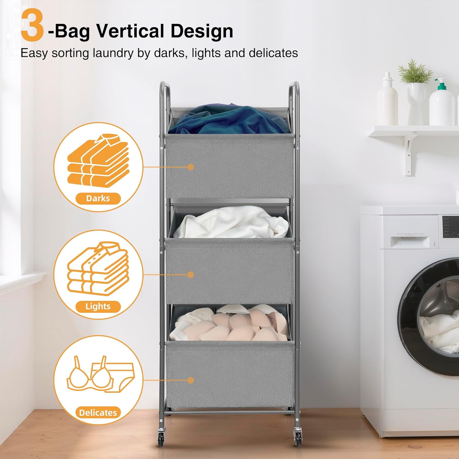 3-Tier Vertical Rolling Laundry Hamper with Removable Bags, 120L Stackable Laundry Sorter Basket, Clothes Hamper with Wheels for Small Spaces, Closet, Bedroom, Bathroom, Laundry Room, Gray