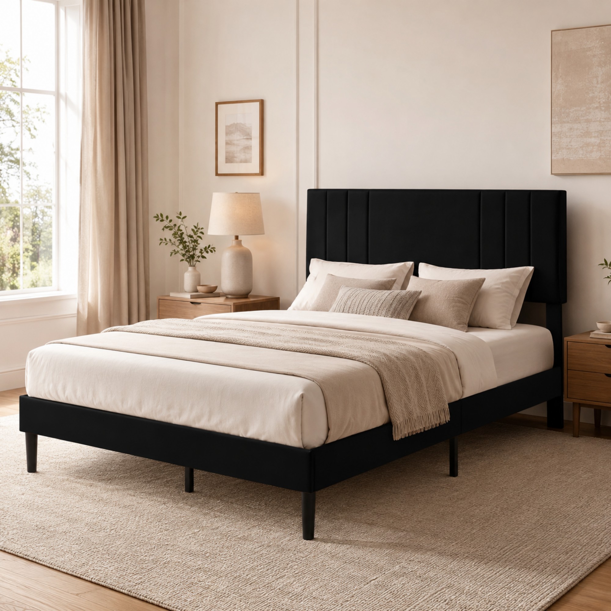 BSHTI Full Size Faux Leather Upholstered Platform Bed Frame with Adjustable Headboard, Wood Slats, No Box Spring Needed for Bedroom（Black）