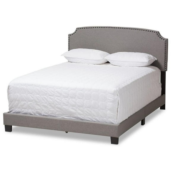 Bowery Hill Nailhead Upholstered Full Bed in Light Grey