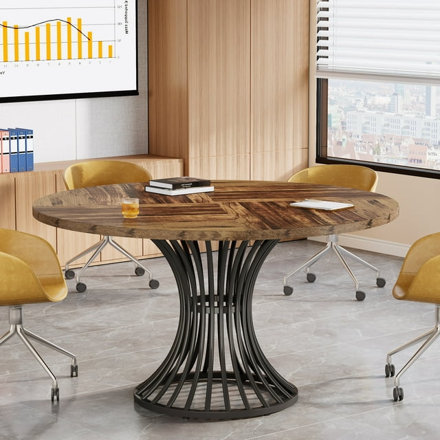 Round Conference Table for 4-6, 47-Inch Conference Room Table, Industrial Meeting Table, Rustic Brown & Black
