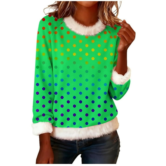 ZUKMRJPC Christmas Sweaters for Women Fur Collared Fashion Colorful Wave Point Pullover Casual Soft Comfy Long Sleeve Party Holiday Tops