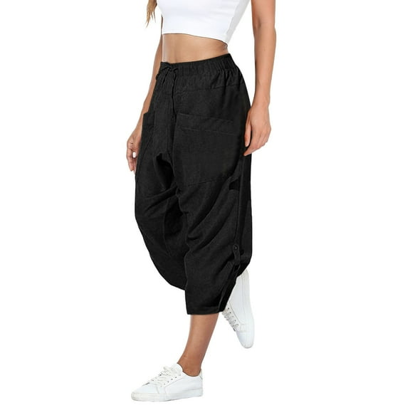 Charmgo Sweatpants Women Clearance, Womens Daily Casual Eight Trousers Pockets Elastic Drawstring Waist Solid Pants Work Pants Women Cargo Pants Women Black