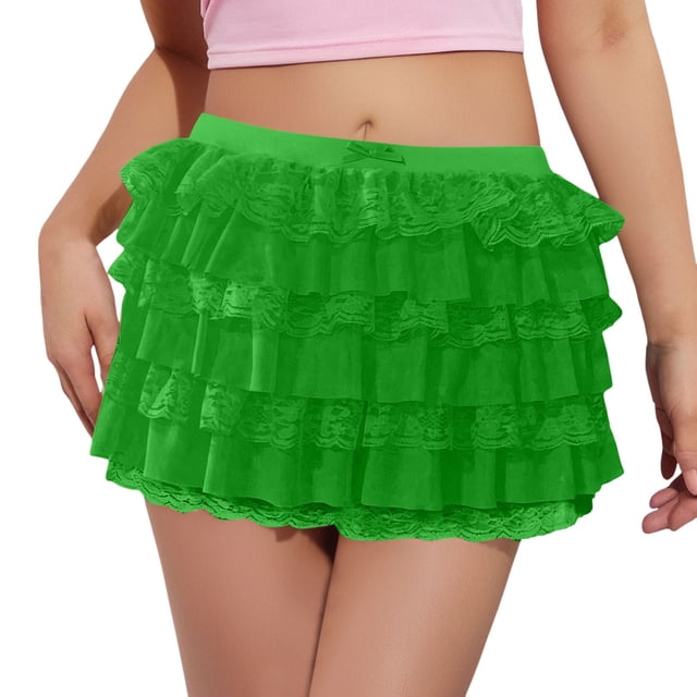 NINGMENG Skirts For Women Summer Solid Color Ruffle Lace Elastic Waist Bow Front Micro Mini Skirt Streetwear,Green,M