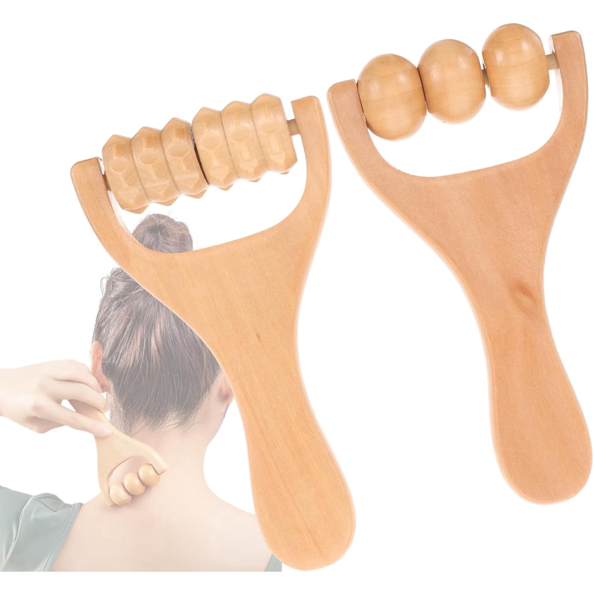 GUENG 2 Pack Handheld Wooden Massage Roller Set, Manual Acupoint Massager for Neck Shoulder Leg Foot Full Body Relief