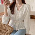 thumbnail image 1 of Camisa blanca con cuello en V Camisa de manga larga de encaje de otoño $ Principios de otoño Temperamento Cuello en V Cintura elástica Costura con cordones Camisa de manga larga Xemadio HMHZ1822-2, 1 of 5