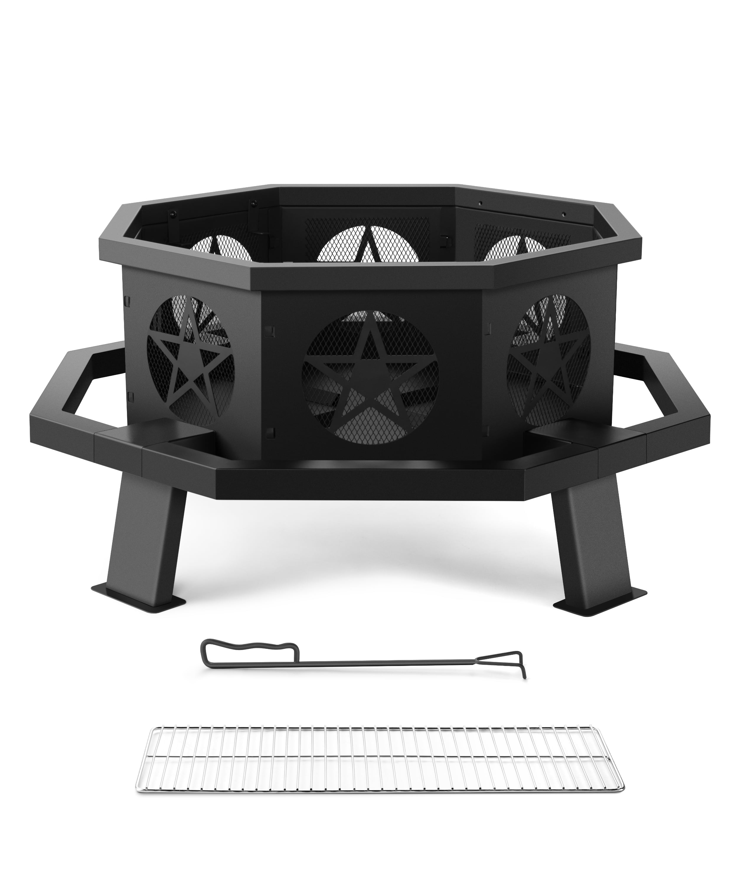 TVOFEK 35 inch Octagon Fire Pit with Grill and Poker, Wood Burning Firepits, Outdoor Fire Barrell for Bonfire, Backyard, Patio, Picnic, Camping, Black