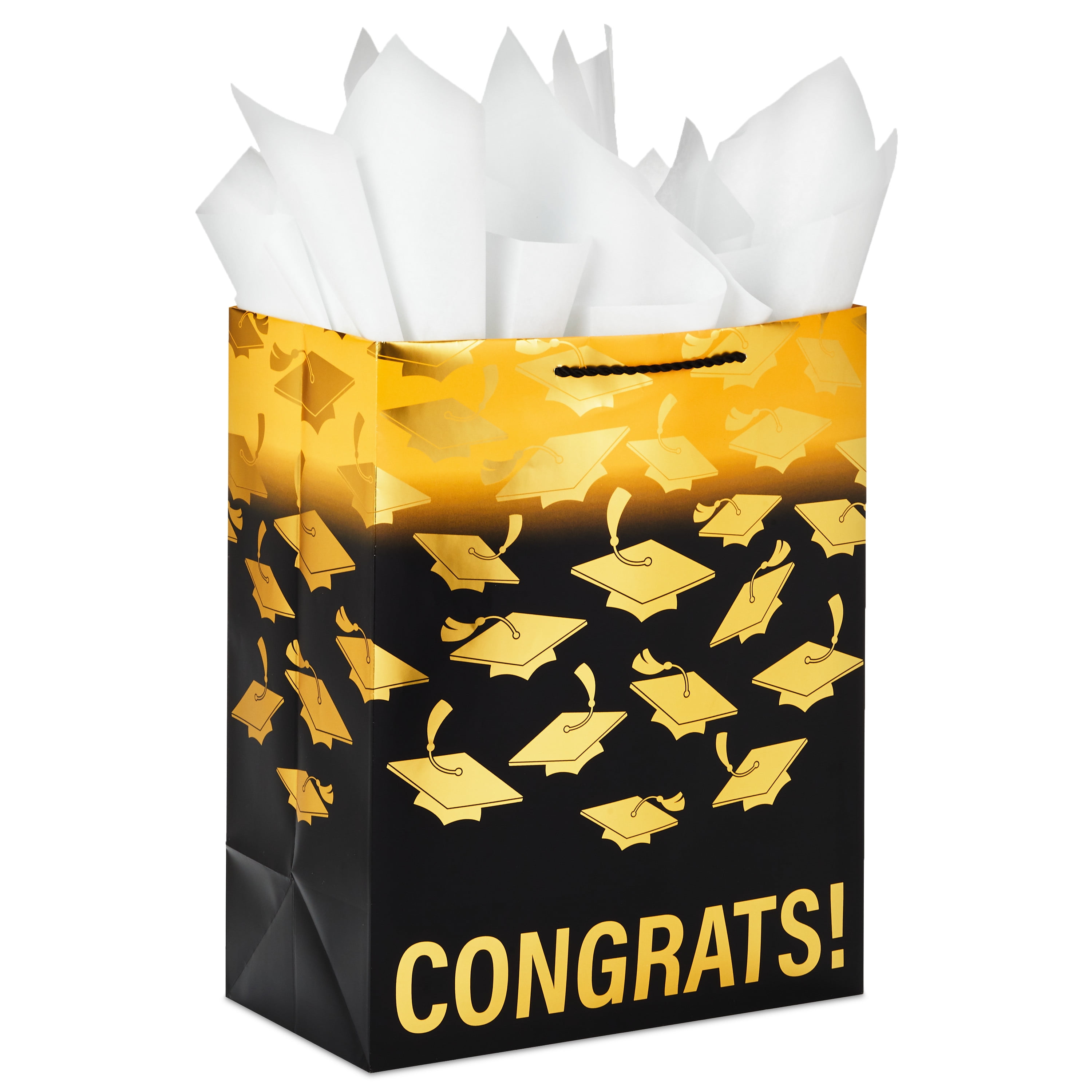 Hallmark 13' Large Graduation Gift Bag with Tissue Paper (Gold and Black, 'Congrats!') for High School, College, Kindergarten, 8th Grade and More