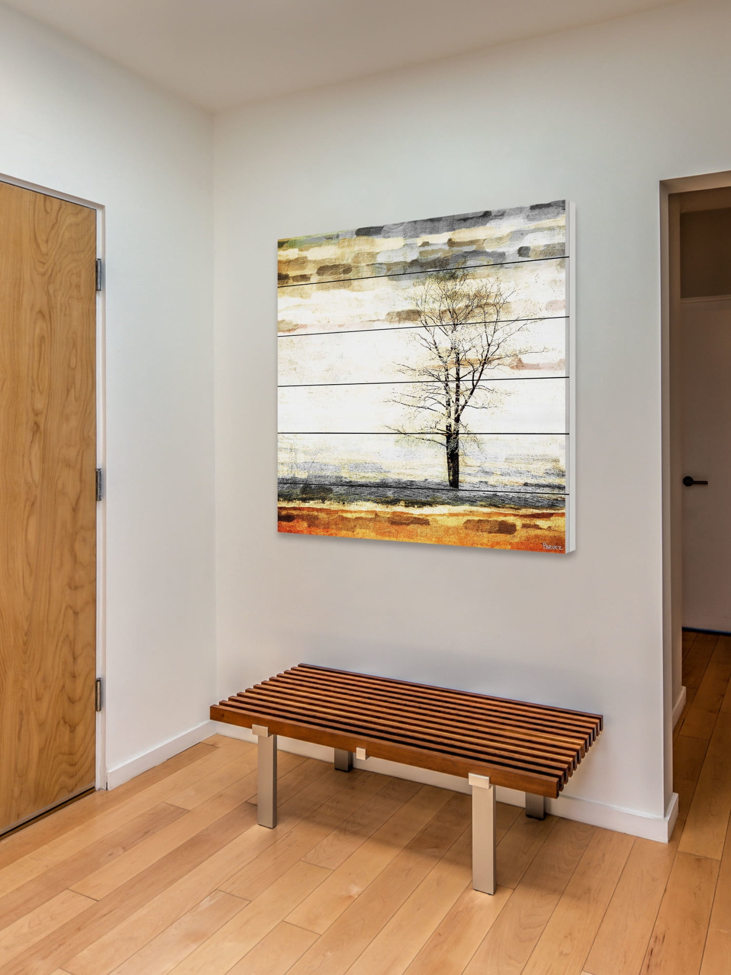 Parvez Taj Pt-Wnpw-49-Ww-40 40" x 40" "Lone Tree" Art Print On White Wood