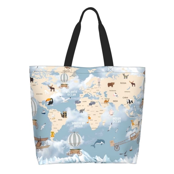Honeii Animals Travel World Map Print Tote Bag for Women, Foldable Tote Bag Large Shoulder Bag Top Handle Handbag for Travel, Work