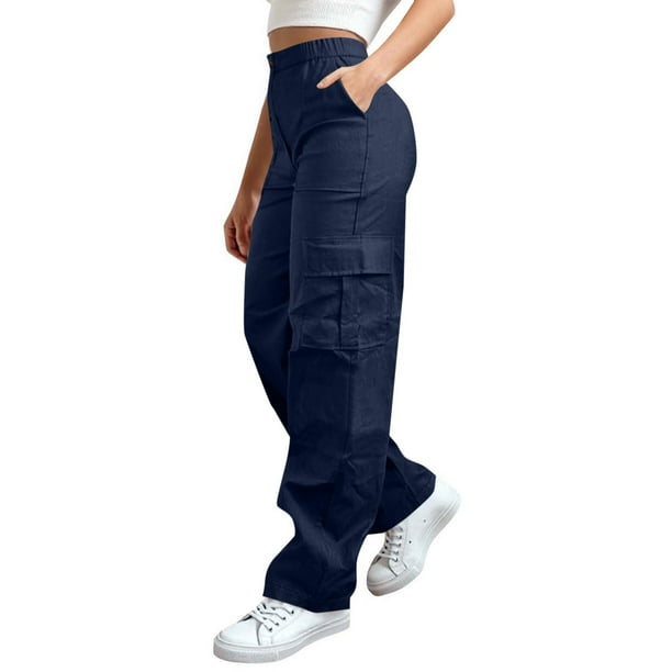 TaTaai Women's Cargo Hiking Pants Stretchy Waist Button Zipper Pockets Long Pants Outdoor Work Casual Soft Non See Through Tummy Control Athletic Gym Gift