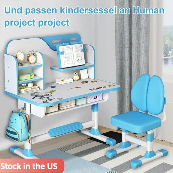 Fompes Kids Desk and Chair Set Height Adjustable Ergonomic Children Sturdy Table with Large Writing Board Bookshelf Drawer Study School Desk Interactive Workstation Art Writing Desk Furniture