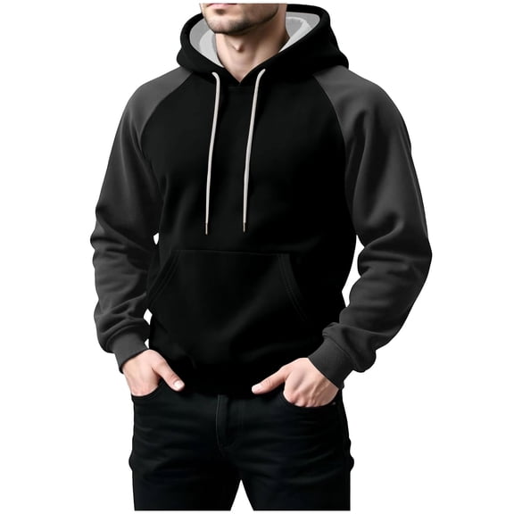 Women's Hoodie Long Sleeve Color Block Men's Fleeve Lined Vintage Pullover with Pocket Black L